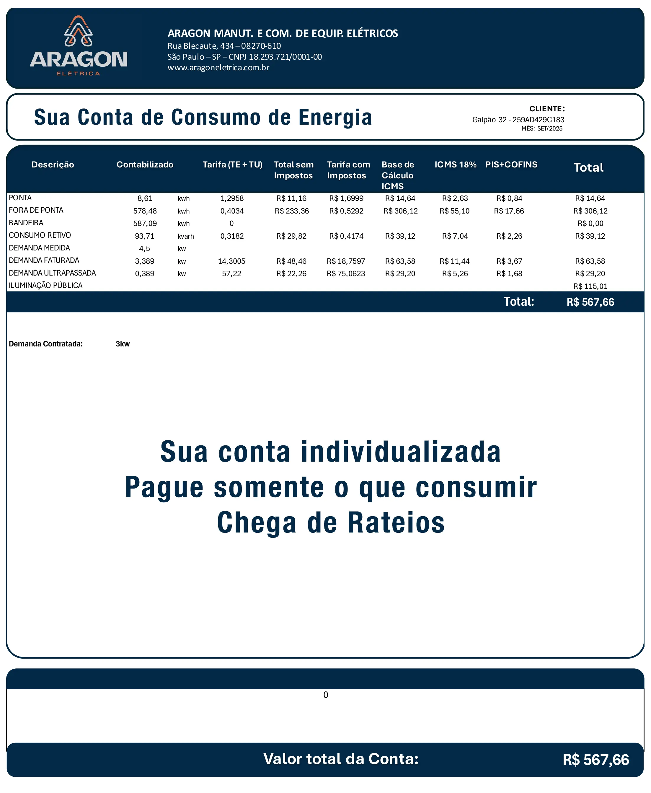Relatório de individualização de contas de luz gerado por telemetria